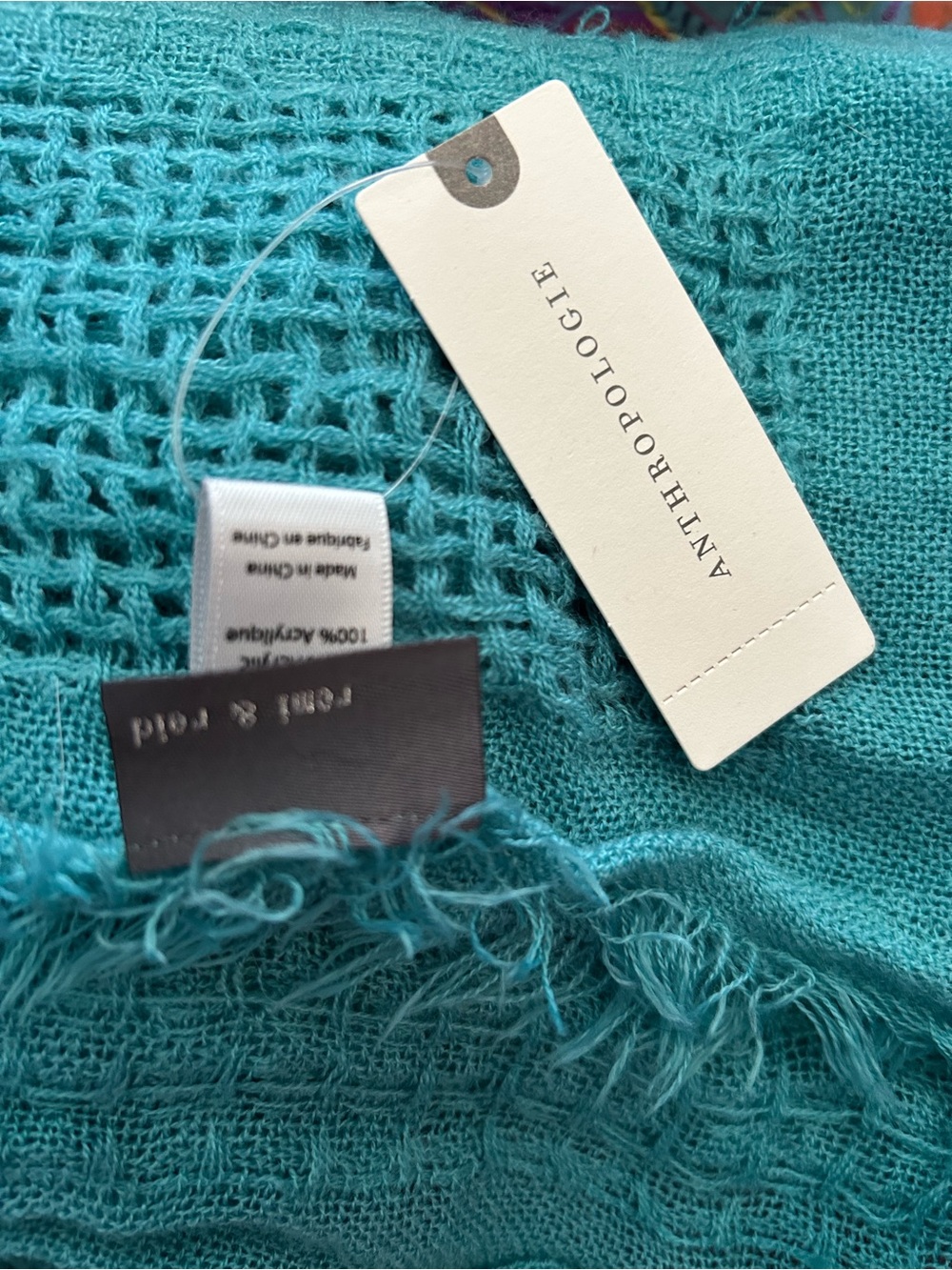 Anthropologie Remi & Reid Teal Open-Weave Fringe long scarf